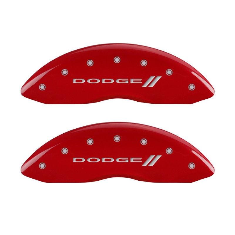 MGP 4 Caliper Covers Engraved Front & Rear With stripes/Dodge Red finish silver ch - 12134SDD3RD