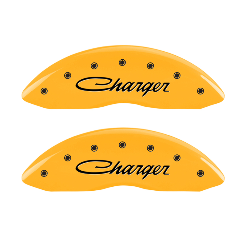 MGP 4 Caliper Covers Engraved Front & Rear Cursive/Charger Yellow finish black ch - 12162SCHSYL