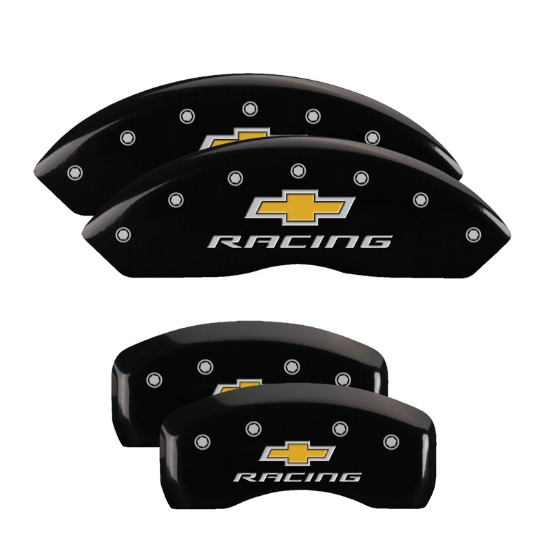 MGP 4 Caliper Covers Engraved Front & Rear Chevy racing Black finish silver ch - 13007SBRCBK