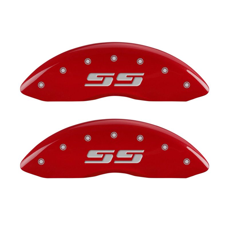 MGP 4 Caliper Covers Engraved Front & Rear Silverado style/SS Red finish silver ch - 14004SSS3RD