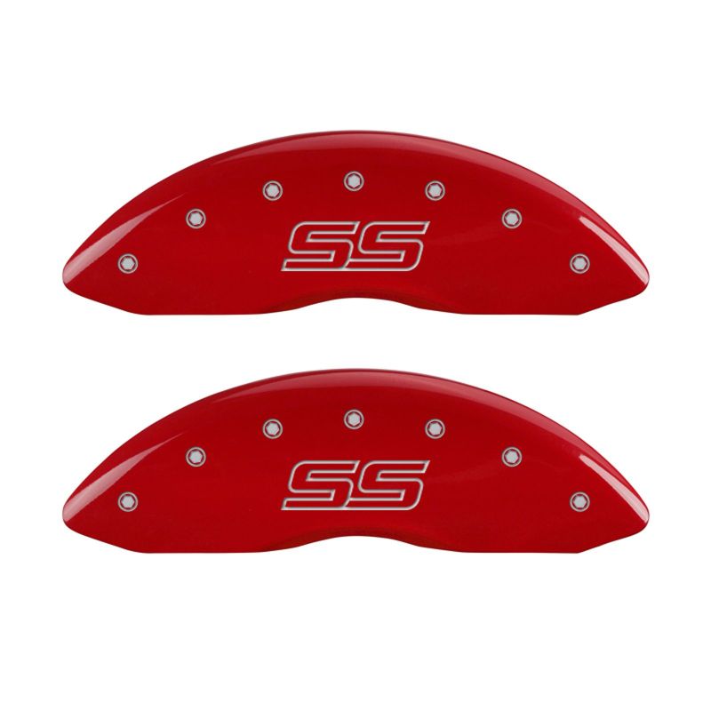 MGP 4 Caliper Covers Engraved Front & Rear Trailblazer style/SS Red finish silver ch - 14031STSSRD