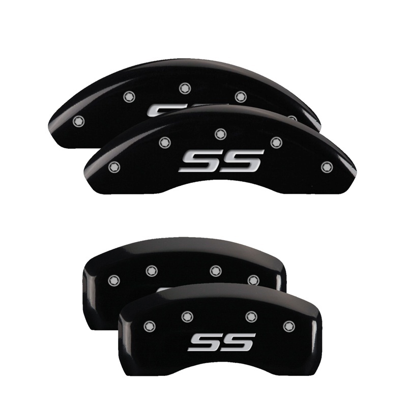 MGP 4 Caliper Covers Engraved Front & Rear Monte Carlo style/SS Black finish silver ch - 14050SSS4BK