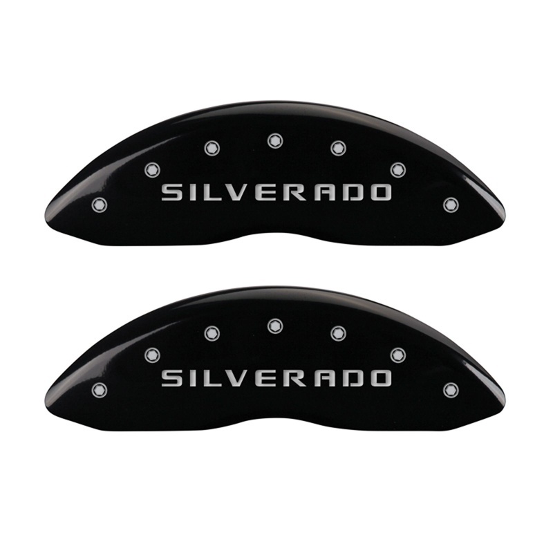 MGP Front set 2 Caliper Covers Engraved Front Silverado Black finish silver ch - 14207FSILBK