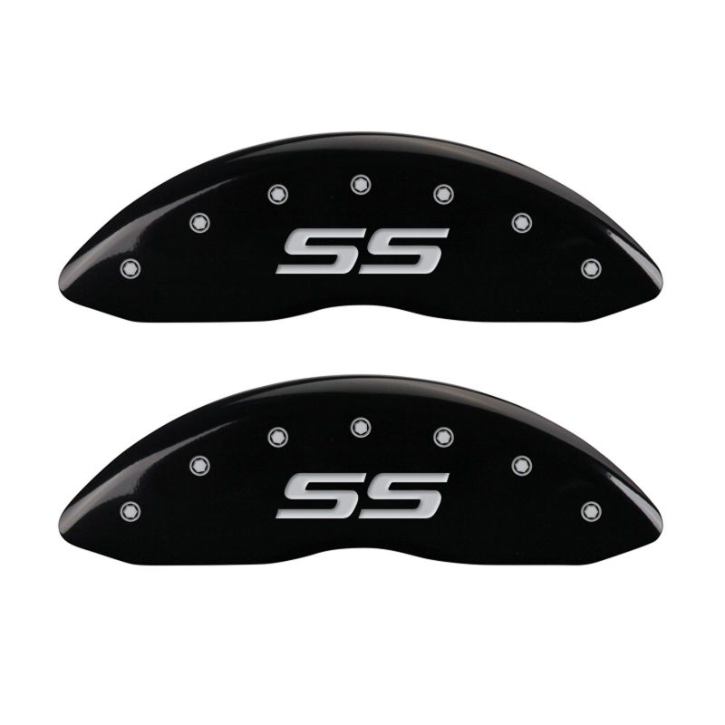 MGP 4 Caliper Covers Engraved Front & Rear Monte Carlo style/SS Black finish silver ch - 14217SSS4BK