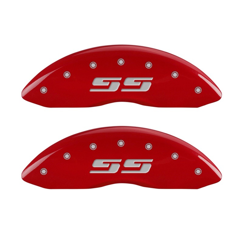 MGP Front set 2 Caliper Covers Engraved Front Silverado style/SS Red finish silver ch - 14238FSS3RD