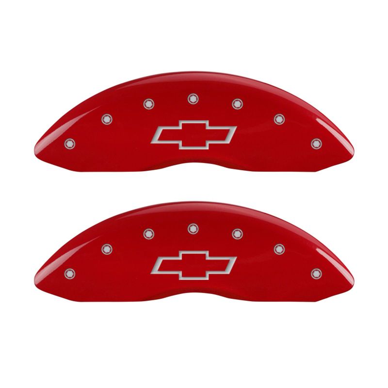 MGP 4 Caliper Covers Engraved Front & Rear Bowtie Red Finish Silver Char 2014 Chevrolet Express 2500 - 14243SBOWRD