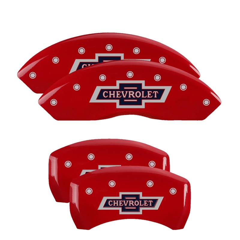 MGP 4 Caliper Covers Engraved F & R 100 Anniversary Red Finish Silver Char 2019 Chevrolet Equinox - 14247SBANRD