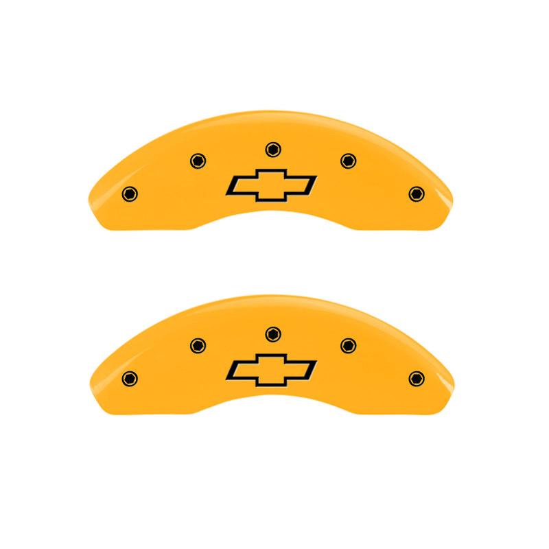 MGP 4 Caliper Covers Engraved Front & Rear Bowtie Yellow Finish Black Char 2019 Chevrolet Bolt EV - 14246SBOWYL