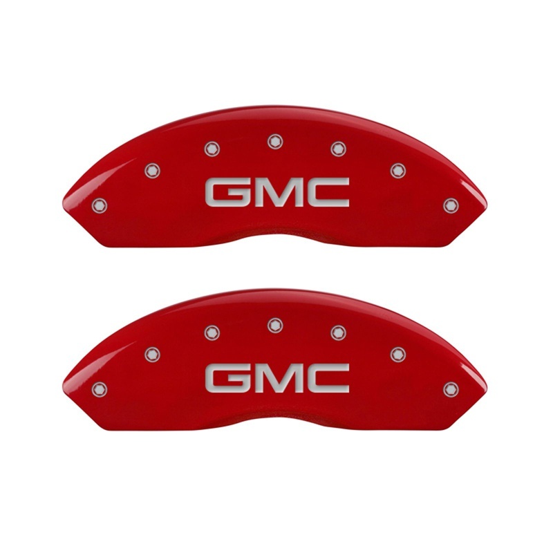 MGP Front set 2 Caliper Covers Engraved Front GMC Red finish silver ch - 34012FGMCRD