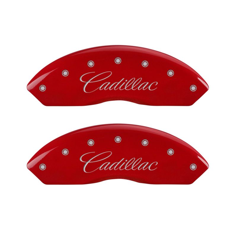 MGP 4 Caliper Covers Engraved Front & Rear Cursive/Cadillac Red finish silver ch - 35002SCADRD