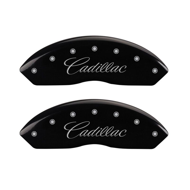 MGP 4 Caliper Covers Engraved Front Cursive/Cadillac Engraved Rear STS Black finish silver ch - 35002SSTSBK