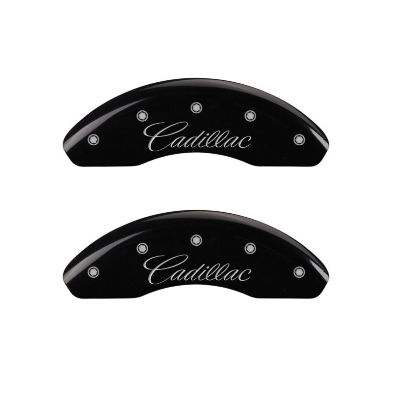 MGP 4 Caliper Covers Engraved Front & Rear Cursive/Cadillac Black finish silver ch - 35006SCADBK