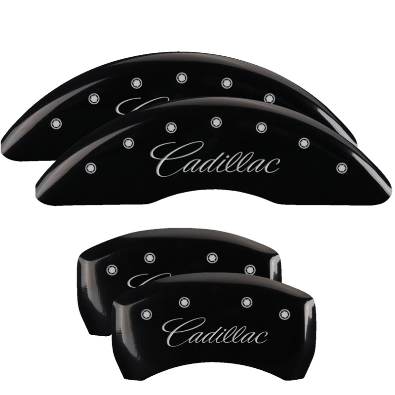 MGP 4 Caliper Covers Engraved Front & Rear Cursive/Cadillac Black finish silver ch - 35008SCADBK