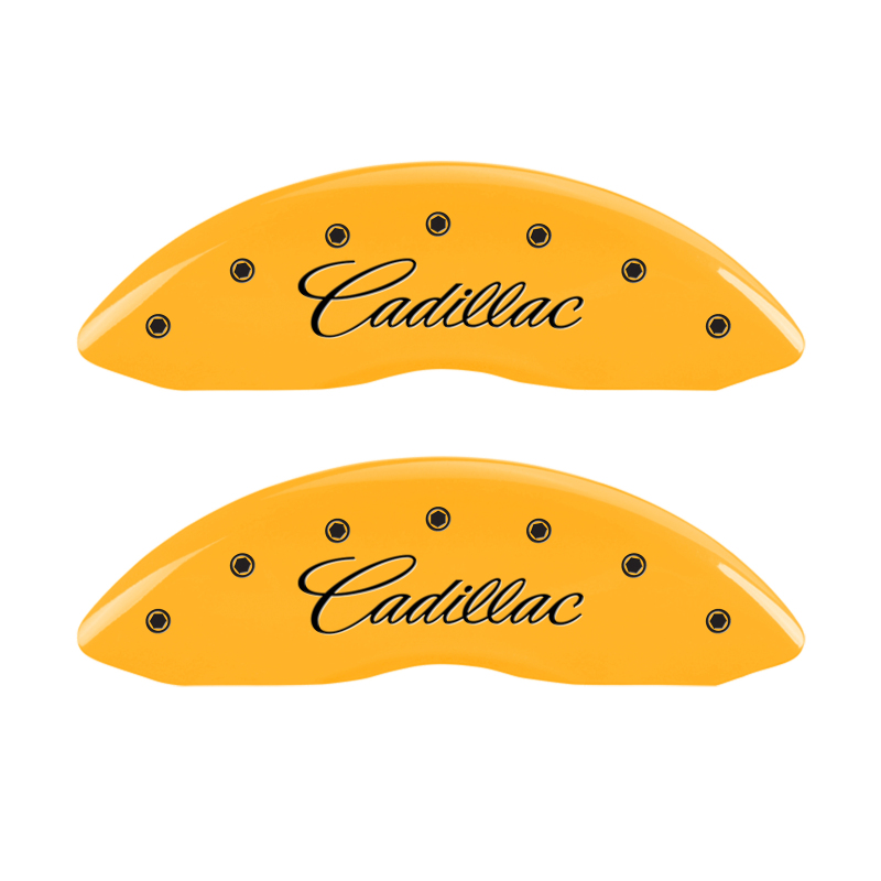 MGP 4 Caliper Covers Engraved Front Cursive/Cadillac Engraved Rear CTS Yellow finish black ch - 35011SCTSYL