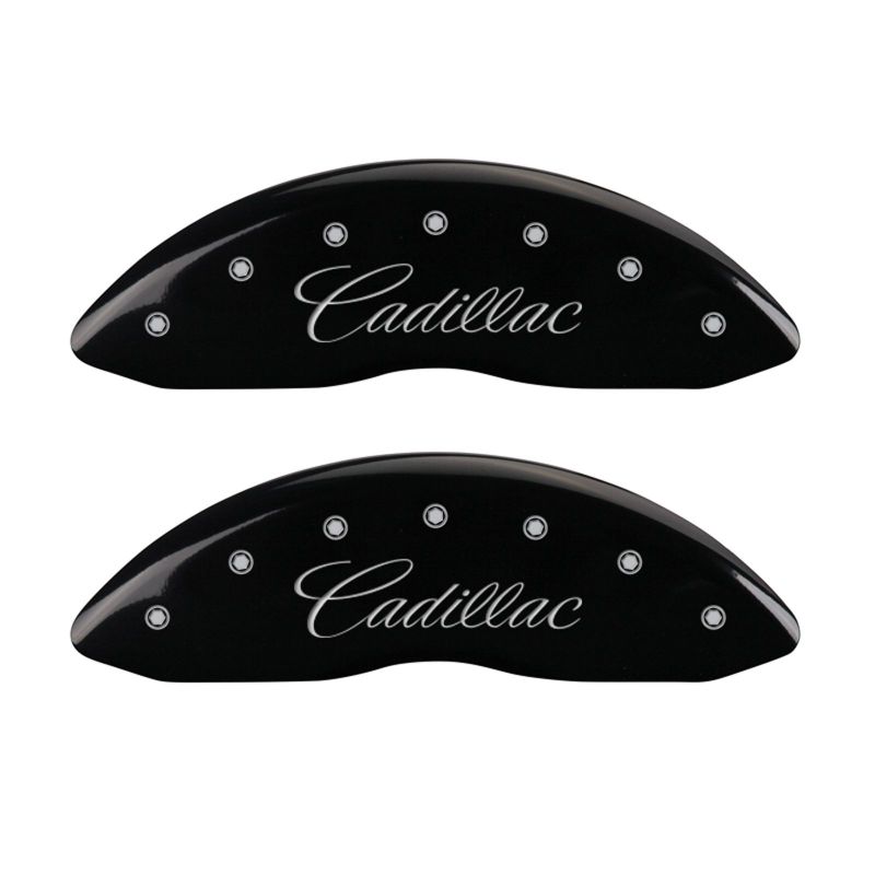 MGP 4 Caliper Covers Engraved Front Cursive/Cadillac Engraved Rear CTS4 Black finish silver ch - 35020SCT4BK