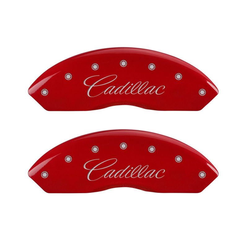 MGP 4 Caliper Covers Engraved Front & Rear Cursive/Cadillac Red Finish Silver Characters - 35025SCADRD