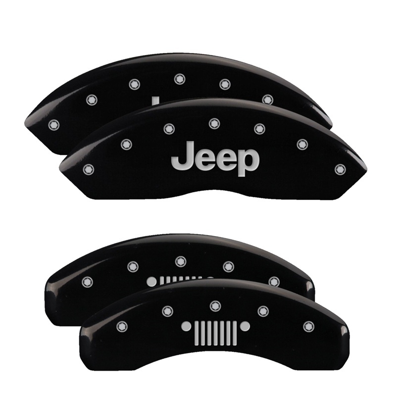 MGP 4 Caliper Covers Engraved Front JEEP Engraved Rear JEEP Grill logo Black finish silver ch - 42007SJPLBK