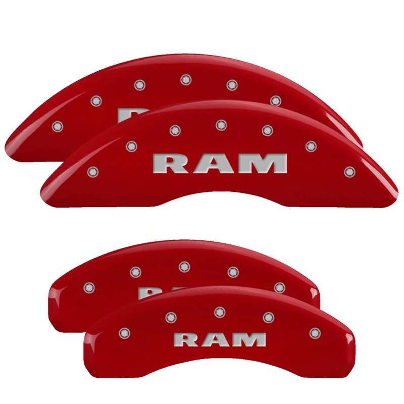 MGP 4 Caliper Covers Engraved Front & Rear 2019 Ram 1500 Red Finish Silver RAM Logo - 55006SRAMRD