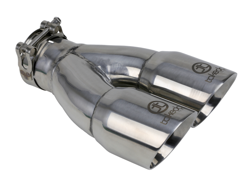 aFe Takeda 2.5in 304 Stainless Steel Clamp-on Exhaust Tip 2.5in Inlet 3in Dual Outlet - Polished - 49T25364-P10