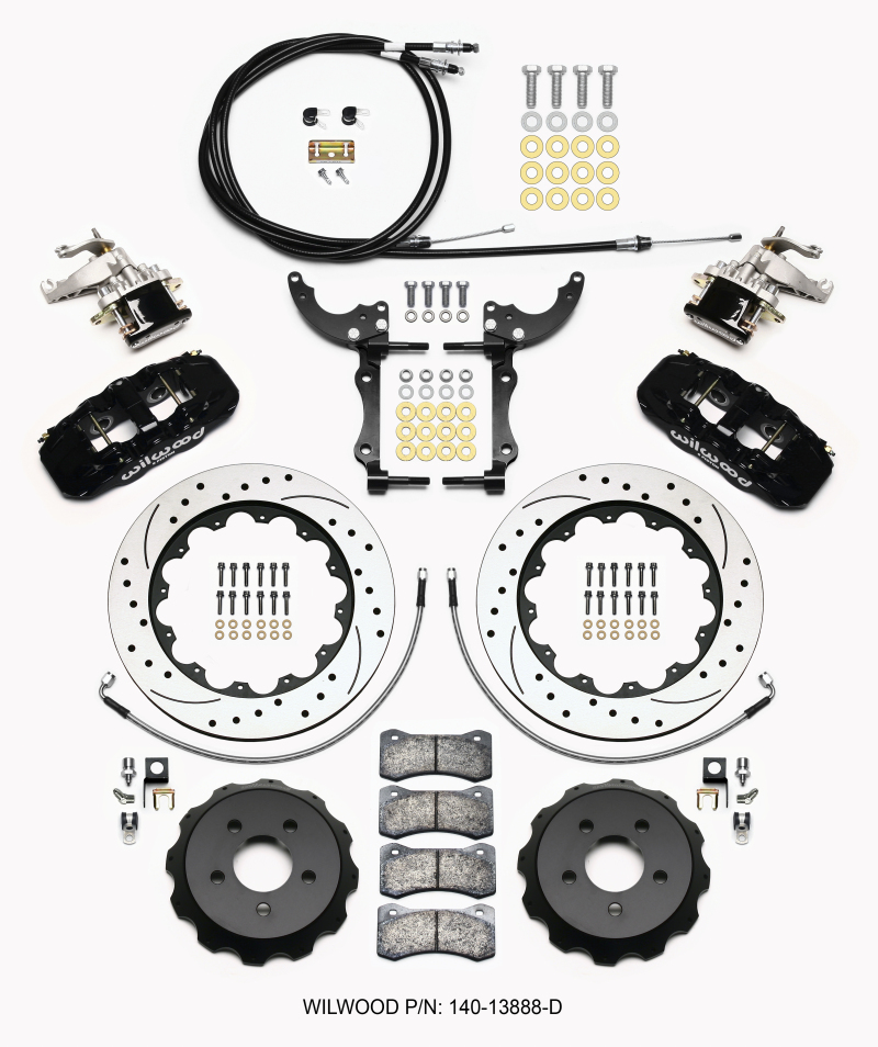 Wilwood AERO4 / MC4 Rear Kit 14.00 Drilled 2015-Up Mustang w/Lines & Cables - 140-13888-D
