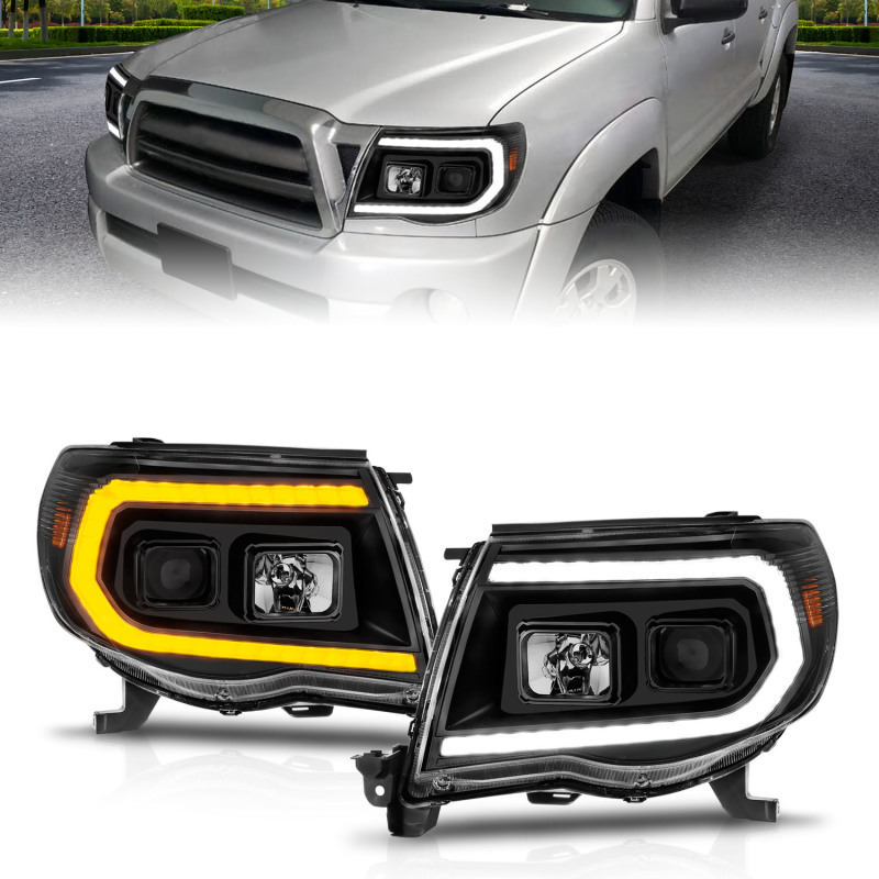 ANZO 05-11 Toyota Tacoma Projector Headlights w/Light Bar Switchback Black Housing - 111564