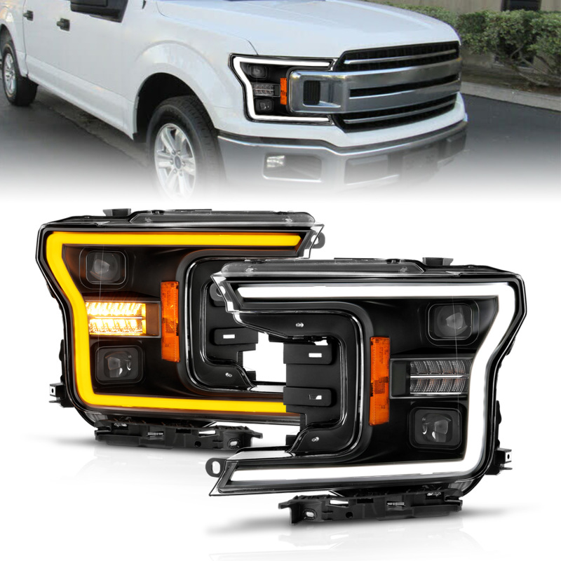 ANZO 18-20 Ford F-150 (w/o Fctry LED) Full LED Proj Headlights w/Light Bar Swtchbk Seq. Black w/Init - 111570