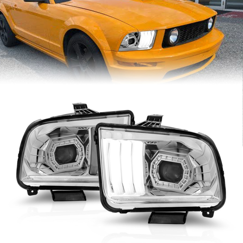 ANZO 05-09 Ford Mustang (w/Factory Halogen HL Only) Projector Headlights w/Light Bar Chrome Housing - 121567