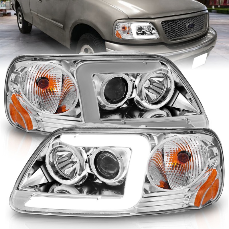 ANZO 1997-2003 Ford F-150 Projector Headlights w/ Light Bar Chrome Housing - 111504