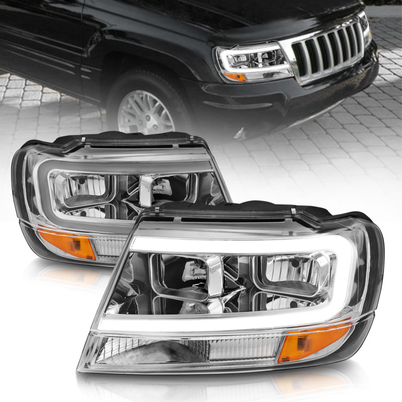 ANZO 1999-2004 Jeep Grand Cherokee Crystal Headlights w/ Light Bar Chrome Housing - 111538