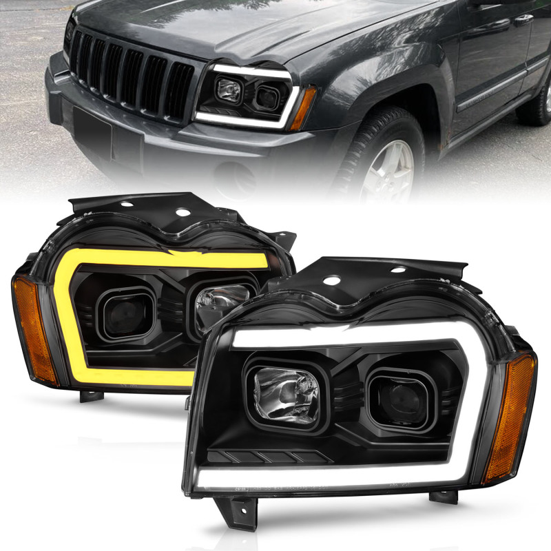 ANZO 2005-2007 Jeep Grand Cherokee Projector Headlights w/ Light Bar Switchback Black Housing - 111543
