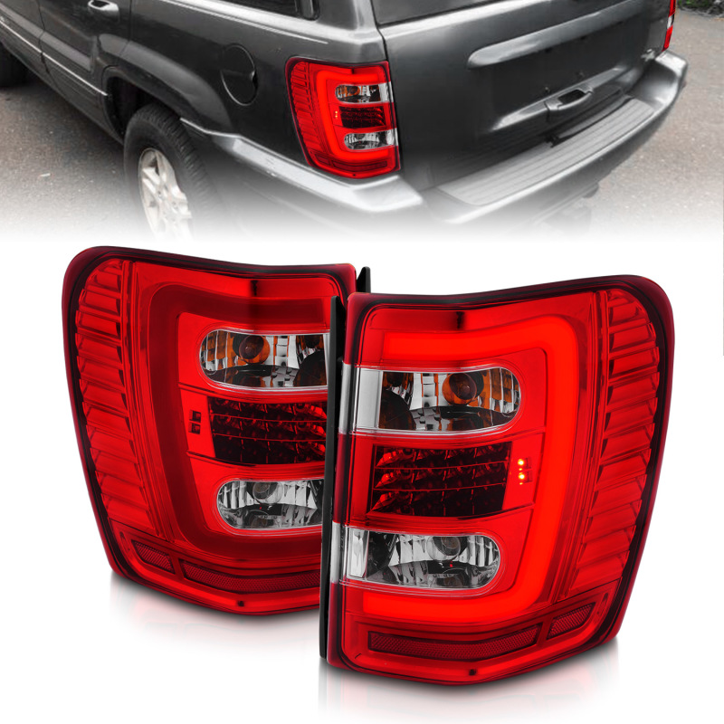 ANZO 1999-2004 Jeep Grand Cherokee LED Tail Lights w/ Light Bar Chrome Housing Red/Clear Lens - 311396