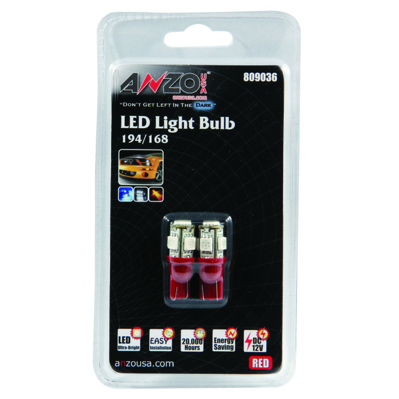 ANZO LED Bulbs Universal 194/168 Red - 5 LEDs - 809036