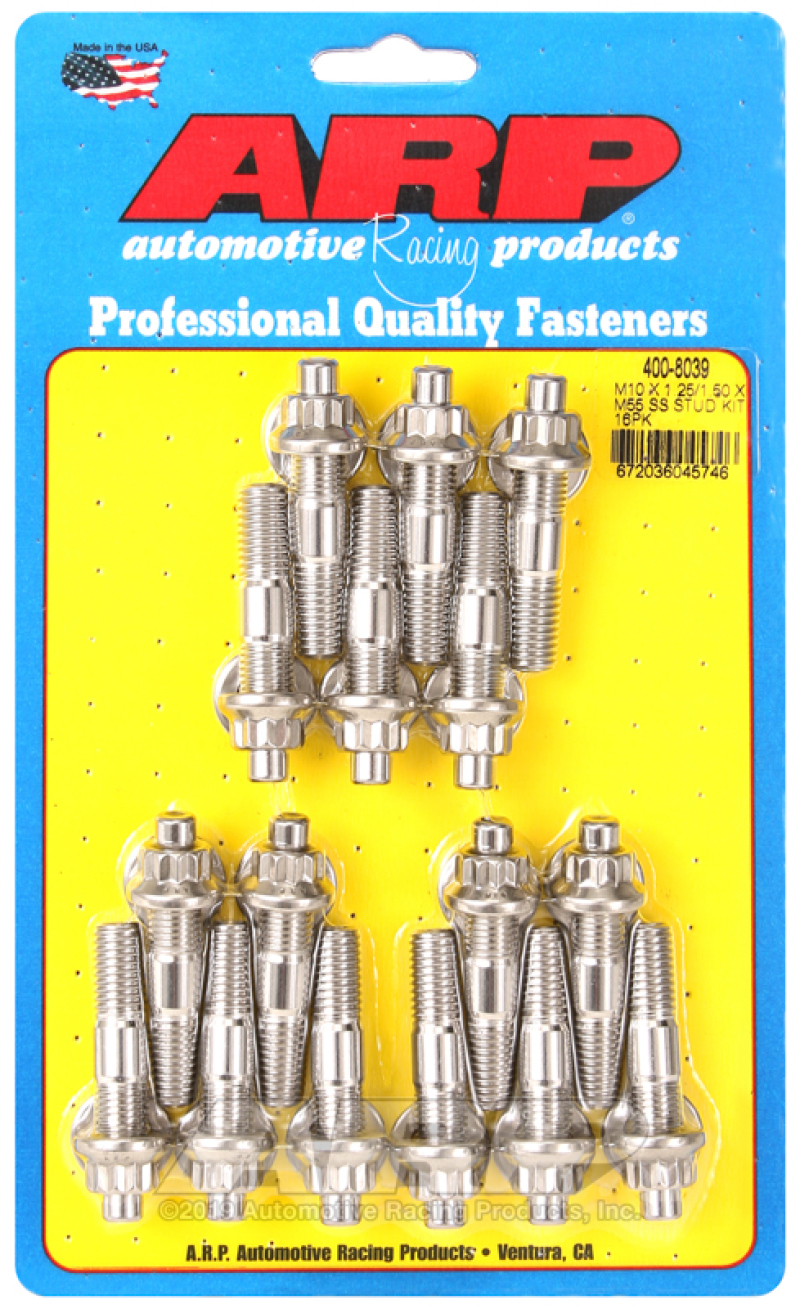 ARP M10 x 1.25/1.50 x 55mm Stainless Steel Broached Stud Kit - 16 Pieces - 400-8039