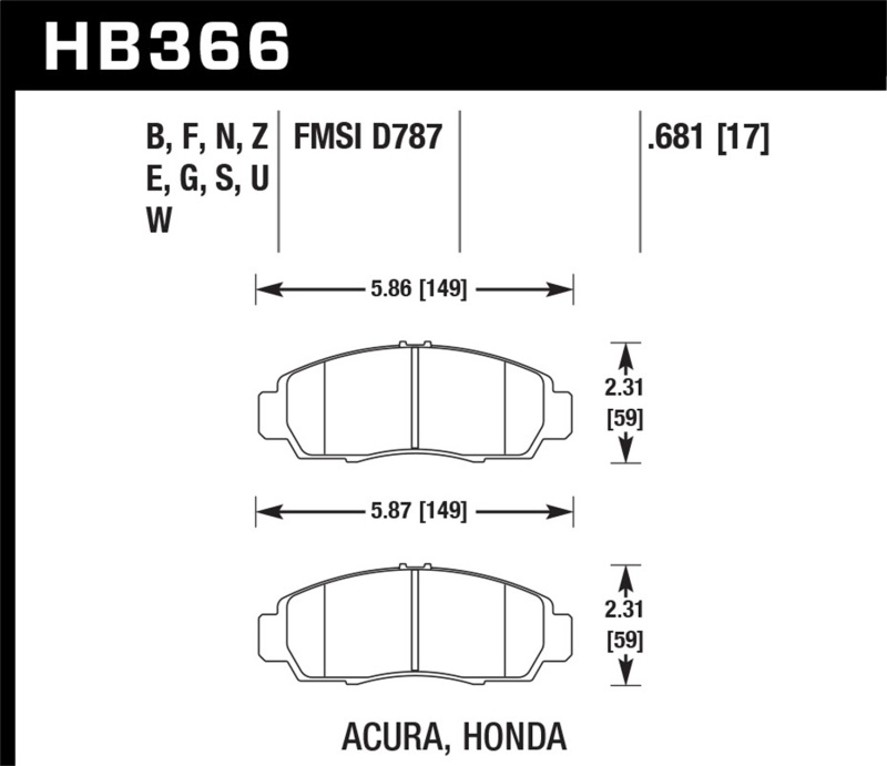 Hawk 02-03 Acura CL 3.2L Base OE Incl.Shims Front ER-1 Brake Pads - HB366D.681