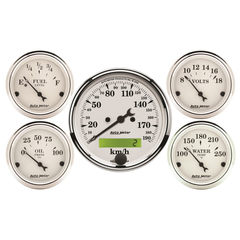 Autometer Old Tyme White 5 Pc Kit-Elec Speed(Km/H)/Elec Oil Press/Water Temp/Volt/Fuel Level - 1602-M