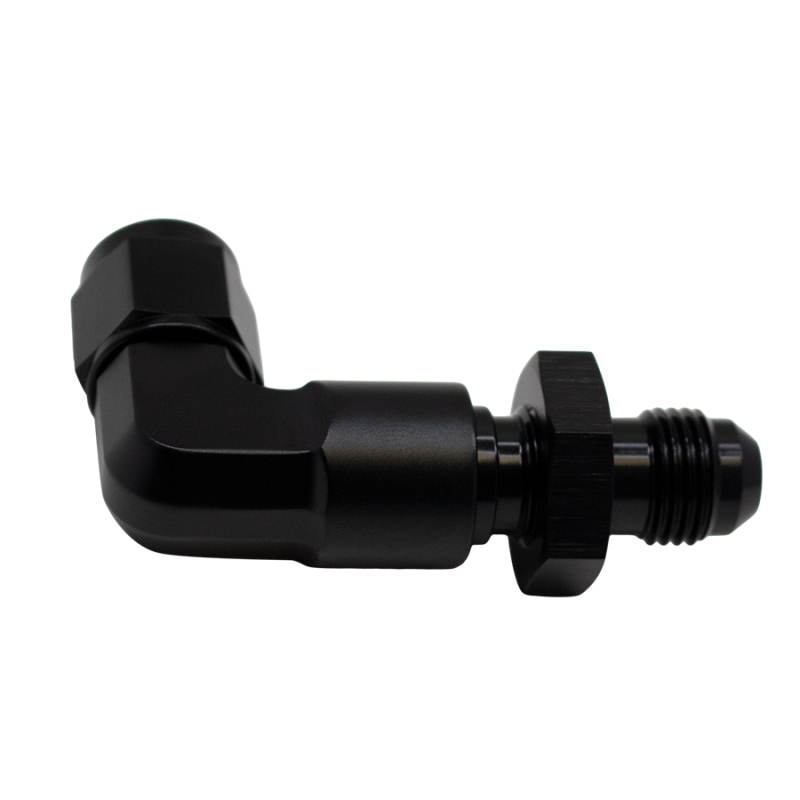 DeatschWerks 6AN Female Flare Swivel to 6AN Male Flare 90-Degree Bulkhead - Anodized Matte Black - 6-02-0727-B