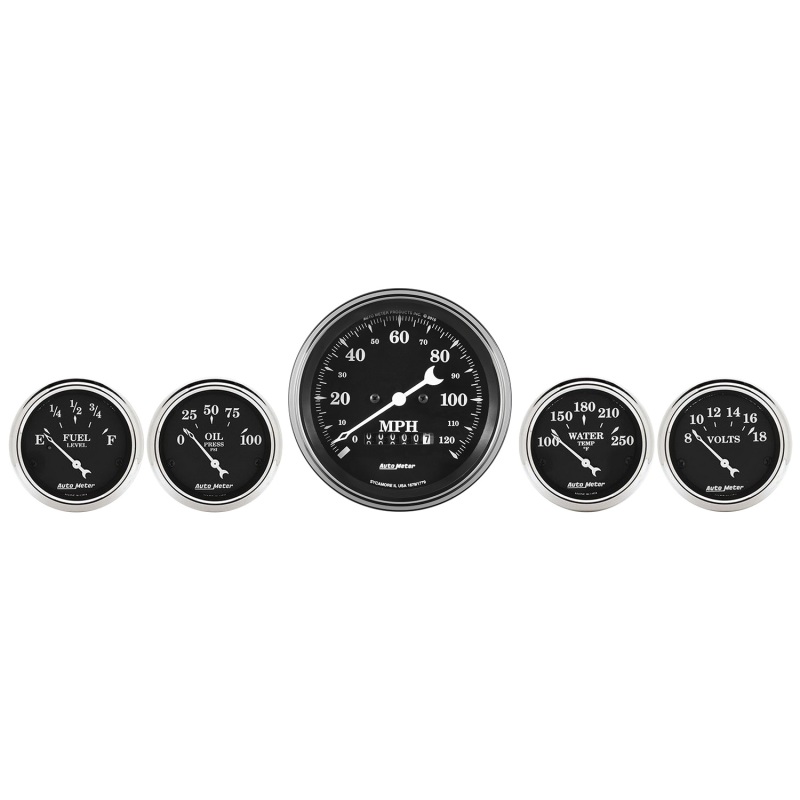 Auto Meter Gauge Kit 5 pc. 3 3/8in & 2 1/16in Elec. Speedometer Old Tyme Black - 1740