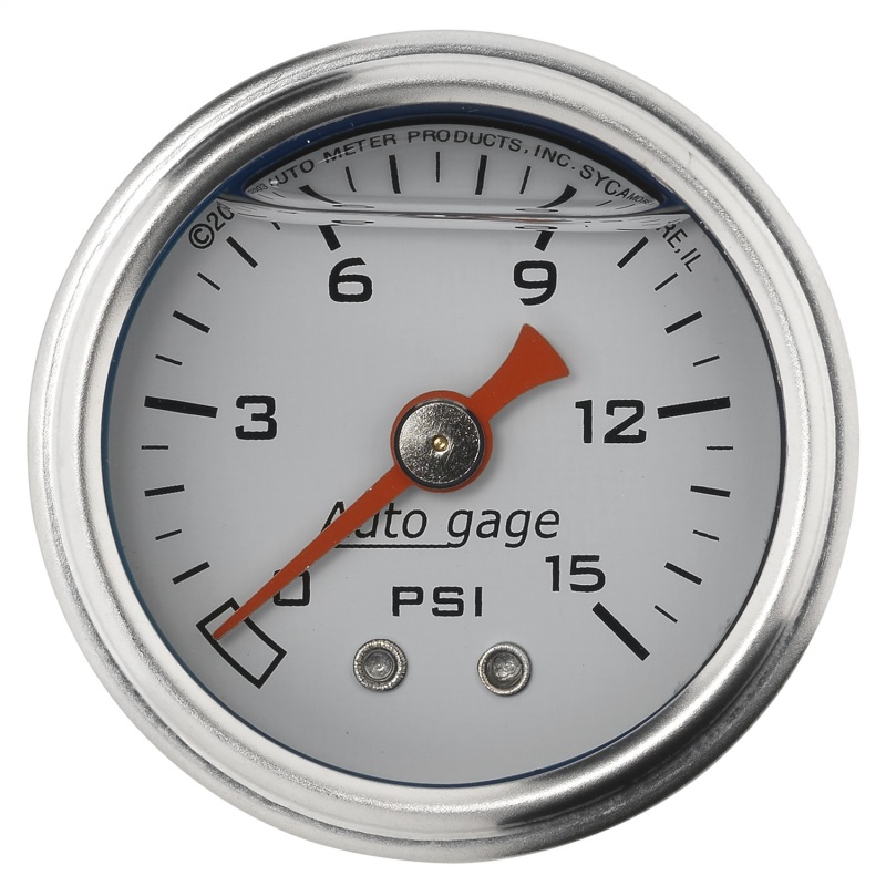 Autometer AutoGage 1.5in Liquid Filled Mechanical 0-15 PSI Fuel Pressure Gauge - White - 2175