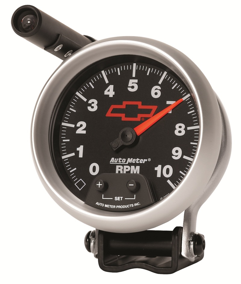 Autometer GM Red Bowtie Black 3-3/4in 0-10000 RPM Pedestal Mount Tachometer Quick-Lite - 3690-00406