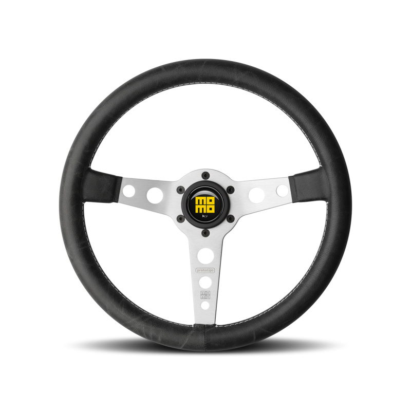 Momo Prototipo Steering Wheel 350 mm - Black Leather/White Stitch/Brshd Spokes - PRH35BK0S