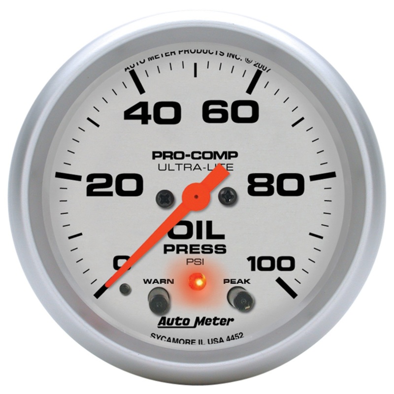 Autometer Ultra-Lite 66.7mm Oil Press 2 5/8in 100PSI Digital Stepper Motor w/ Peak & Warning Light - 4452