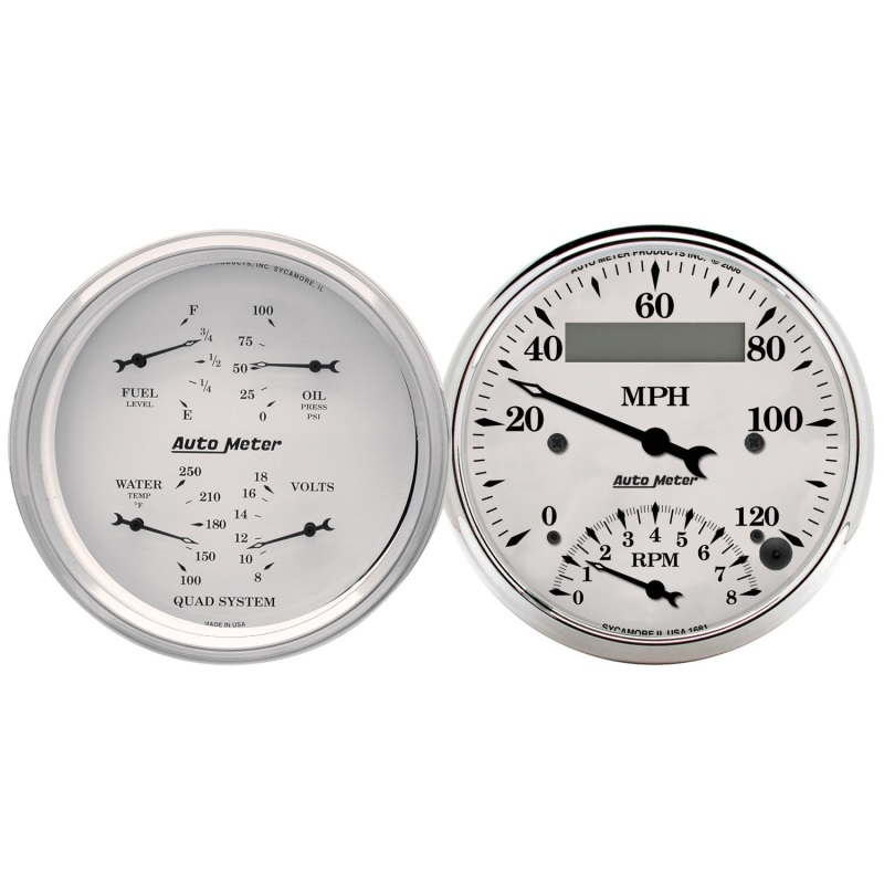 AutoMeter Gauge Kit 2 Pc. Quad & Tach/Speedo 3-3/8in. Old Tyme White - 1620