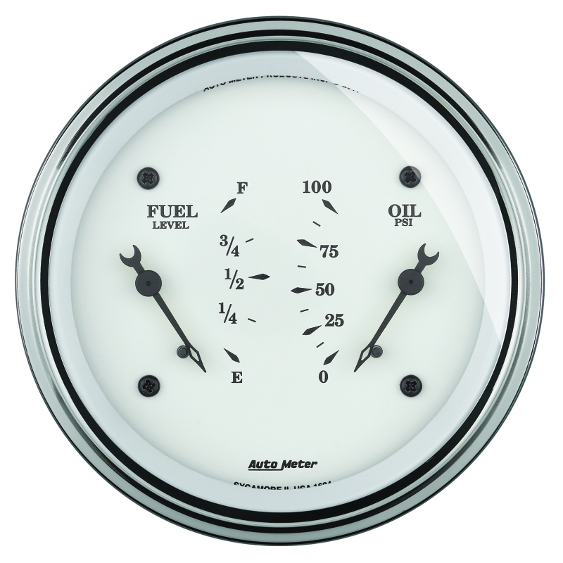 AutoMeter Gauge Dual Fuel & Oilp 3-3/8in. 0 Ohm(e) to 90 Ohm(f)& 100PSI Elec Old Tyme White - 1624