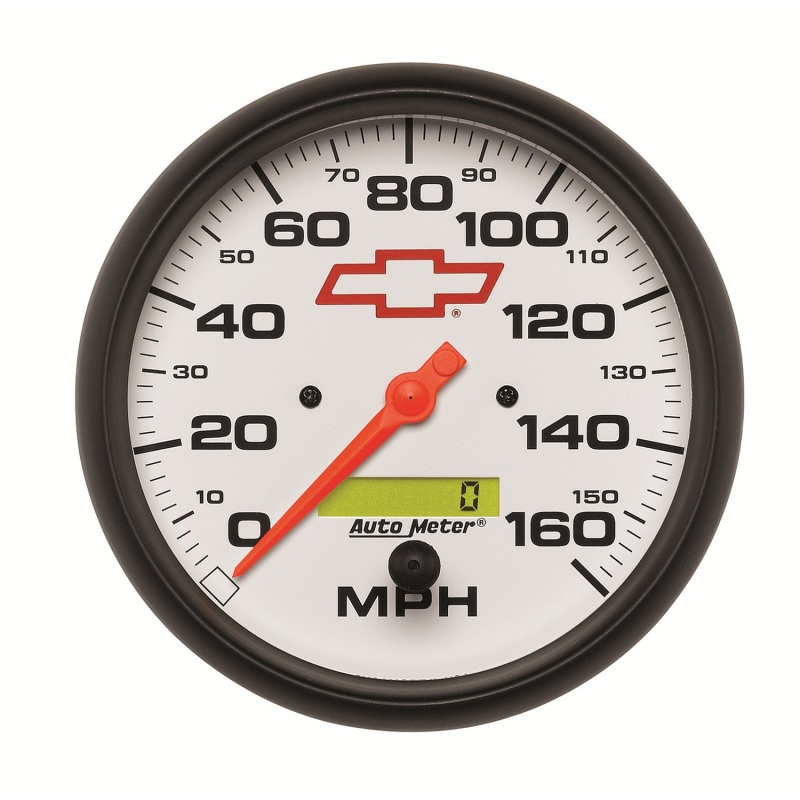 AutoMeter Gauge Speedometer 5in. 160MPH Elec. Programmable Chevy Red Bowtie White - 5889-00406