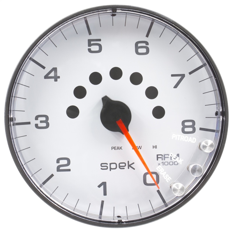 Autometer Spek-Pro Gauge Tachometer 5in 8K Rpm W/Shift Light & Peak Mem White/Black - P238128