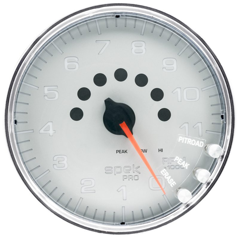 Autometer Spek-Pro Gauge Tachometer 5in 11K Rpm W/Shift Light & Peak Mem Silver/Chrome - P23921