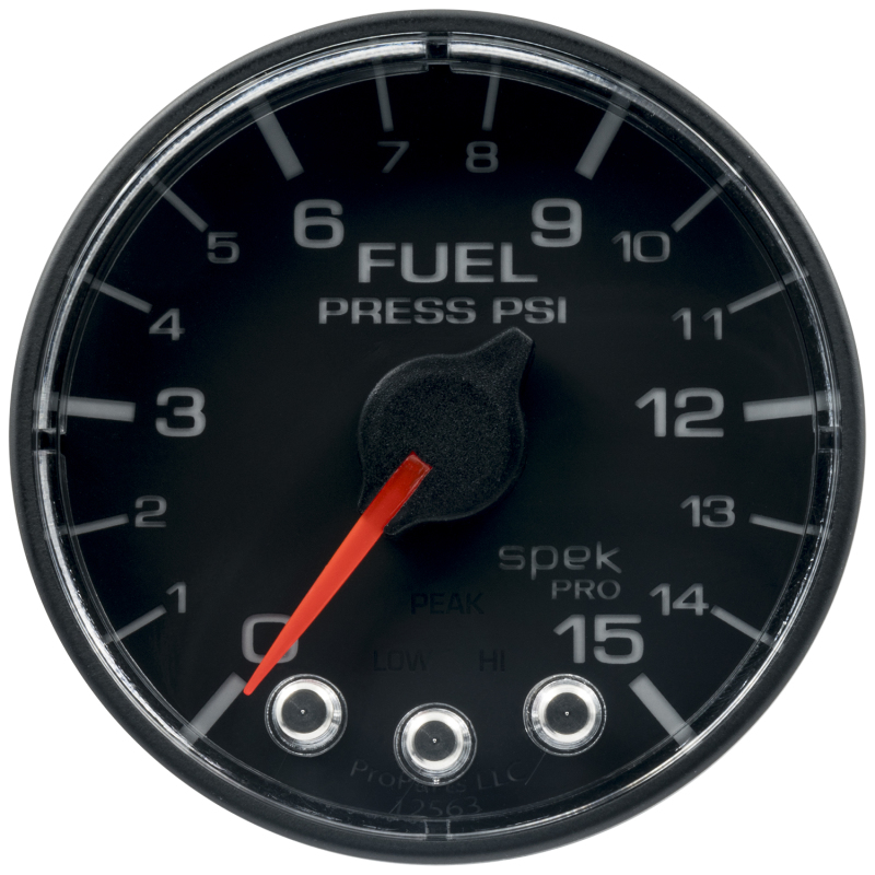 Autometer Spek-Pro Gauge Fuel Press 2 1/16in 15psi Stepper Motor W/Peak & Warn Blk/Blk - P315328