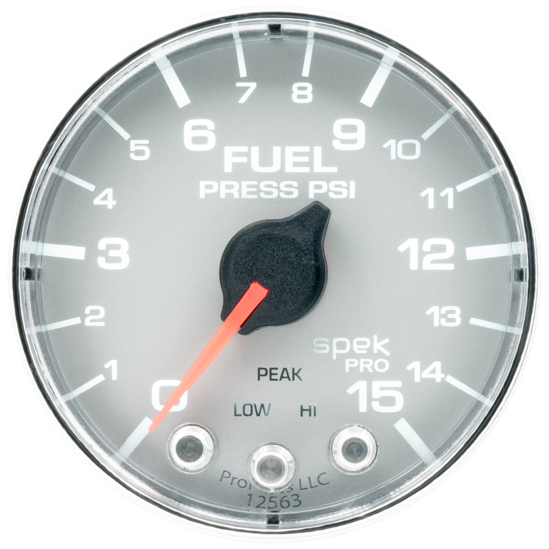 Autometer Spek-Pro Gauge Fuel Press 2 1/16in 15psi Stepper Motor W/Peak & Warn Slvr/Chrm - P315218