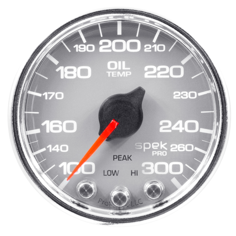 Autometer Spek-Pro Gauge Oil Temp 2 1/16in 300f Stepper Motor W/Peak & Warn Slvr/Chrm - P32221