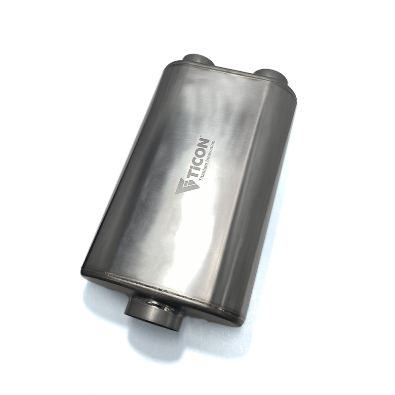 Ticon Industries 17in OAL 3in Thin Oval Matte Finish Titanium Muffler - 3in Center In/2.5in Dual Out - 116-07623-0220